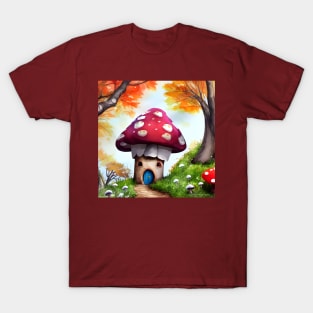 Cute and Cozy Cabin in the Autumn Woods in the shape of a Mushroom T-Shirt